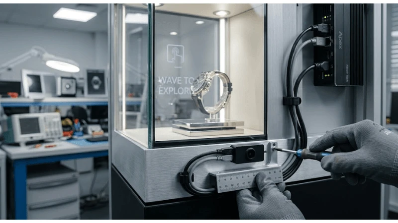 Technical detail showing sensor technology and physical field of view and mounting position relative to glass/product