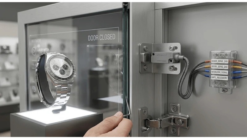 Technical detail showing door sensor and mechanical actuation and normal customer-facing closed state