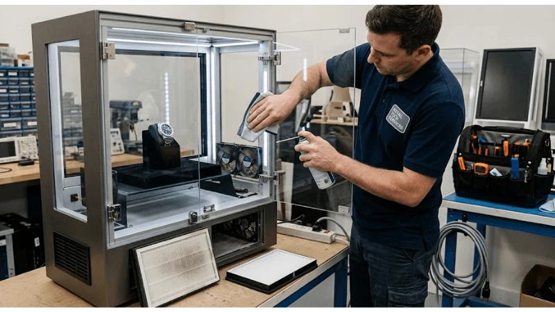 transparent LCD internal dust control in a production-equivalent retail installation