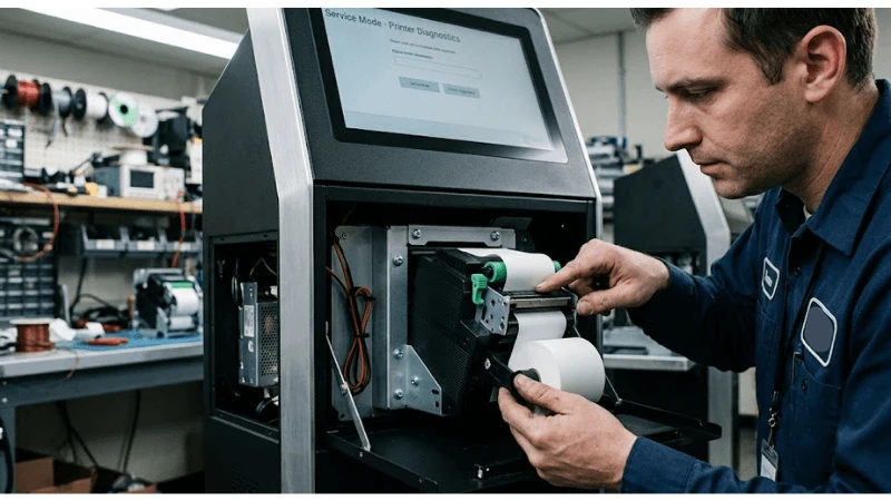 kiosk receipt printer jam recovery in a realistic commercial installation