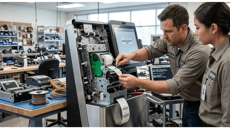 Acceptance testing for kiosk receipt printer jam recovery on production-equivalent equipment