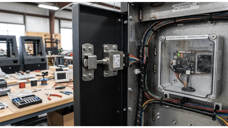 Technical integration detail for kiosk cabinet door interlock tamper monitoring Technical integration detail for kiosk cabinet door interlock tamper monitoring