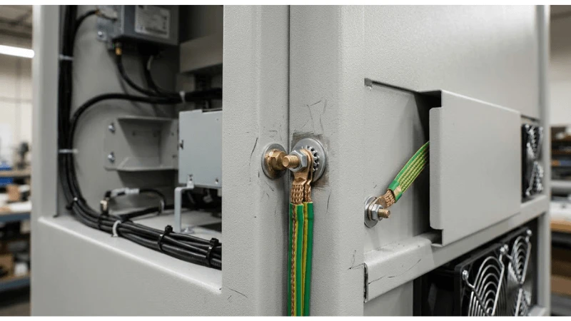 Technical integration detail for kiosk chassis grounding protective bonding