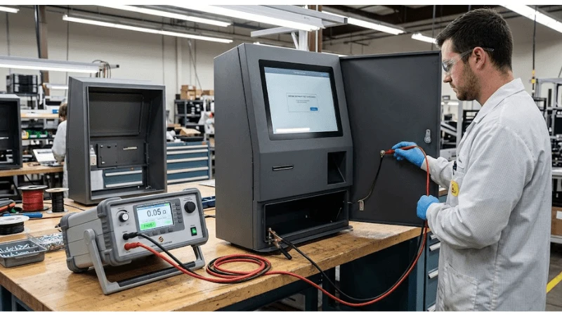 Acceptance testing for kiosk chassis grounding protective bonding on production-equivalent equipment Acceptance testing for kiosk chassis grounding protective bonding on production-equivalent equipment