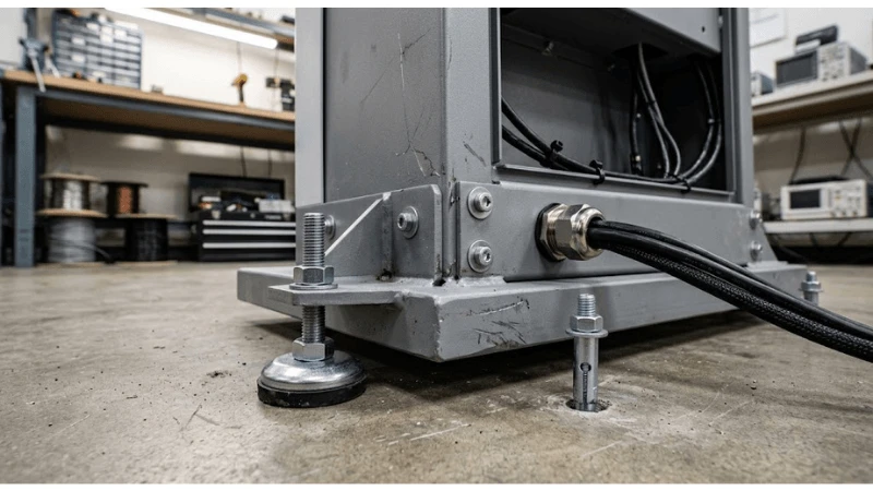 Technical integration detail for kiosk tip over stability floor anchoring