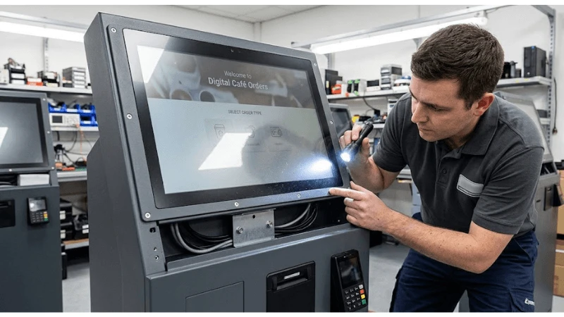 kiosk protective glass impact shatter containment in a realistic commercial installation