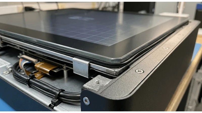 Technical integration detail for kiosk protective glass impact shatter containment