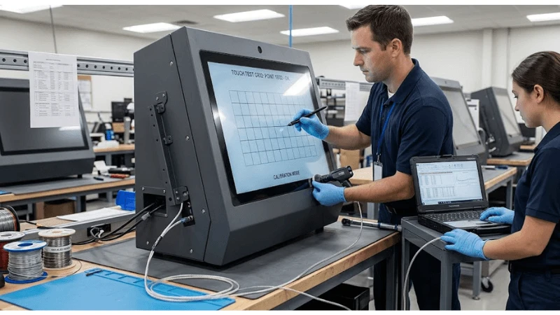 Acceptance testing for commercial LCD mounting flatness bezel stress on production-equivalent equipment