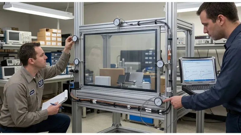Acceptance testing for transparent LCD thermal expansion glass stress on production-equivalent equipment
