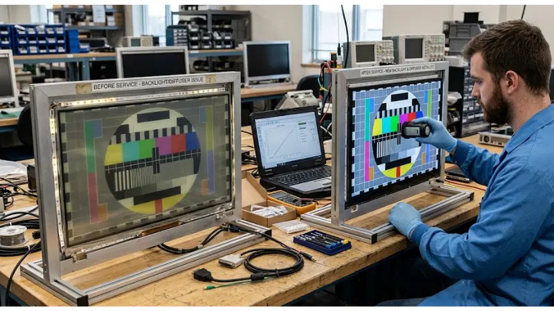 Acceptance testing for transparent LCD backlight diffuser aging color shift on production-equivalent equipment Acceptance testing for transparent LCD backlight diffuser aging color shift on production-equivalent equipment