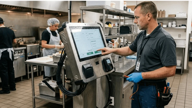 Food-service self-service kiosk with a technician testing a wet production touchscreen using gloved and bare-hand interactions Food-service self-service kiosk with a technician testing a wet production touchscreen using gloved and bare-hand interactions