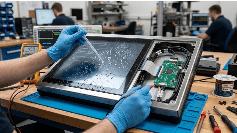 Close-up of production kiosk cover glass and touch controller service connection while droplets are applied in a controlled bench test