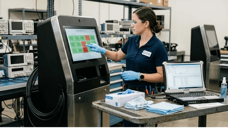 QA technician running a touch-grid acceptance test on a kiosk with representative gloves, cleaning cloths and a laptop recording events QA technician running a touch-grid acceptance test on a kiosk with representative gloves, cleaning cloths and a laptop recording events