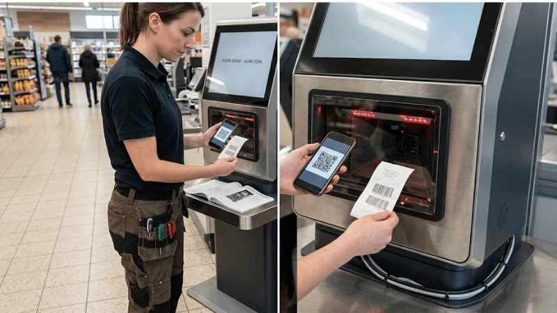 Self-service retail kiosk with an integrated 2D scanner behind a flush protective window while a technician scans paper and phone barcodes