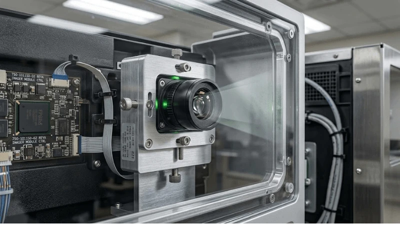 Engineering close-up of a barcode imager mounted behind a clear kiosk window showing realistic bracket, aperture and optical path geometry