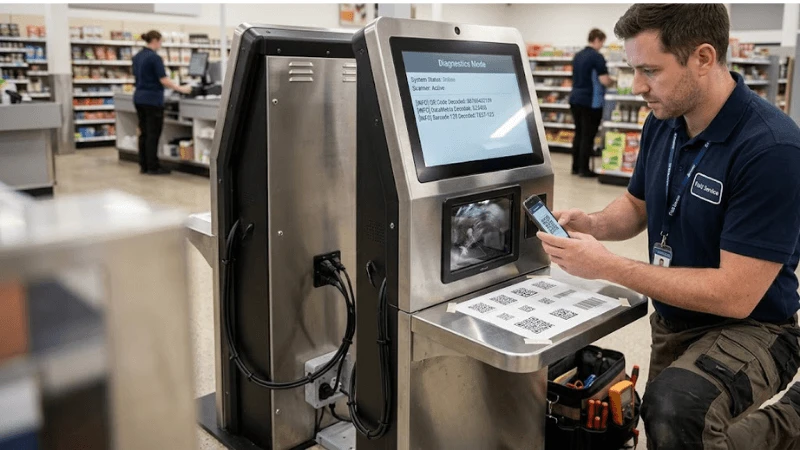  Commissioning test at a real kiosk with controlled glare light, smudged sample window, printed codes and smartphone QR codes while decode events are logged