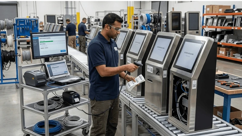 Kiosk manufacturing line where a technician provisions several production terminals from a controlled workstation while scanning serial labels
