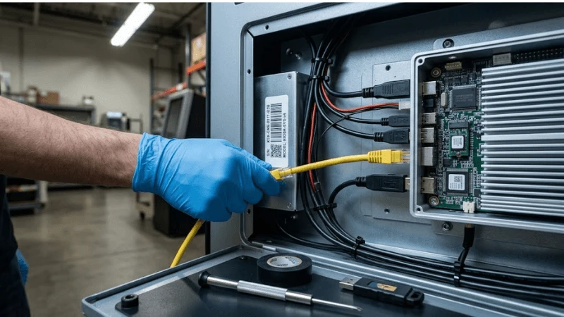 Close-up of a kiosk service bay with industrial PC, TPM-equipped motherboard, barcode serial label and network connection during secure device enrollment