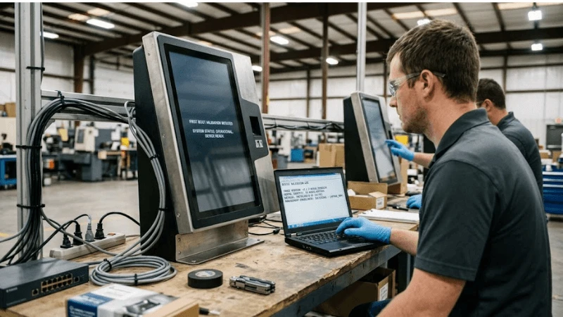 Factory acceptance station showing first-boot validation on a kiosk while a laptop records image version, serial identity, drivers and management enrollment status
