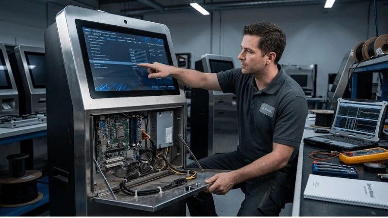 Professional kiosk engineering workstation with an open service panel exposing the embedded PC while a security engineer verifies UEFI Secure Boot state on the display