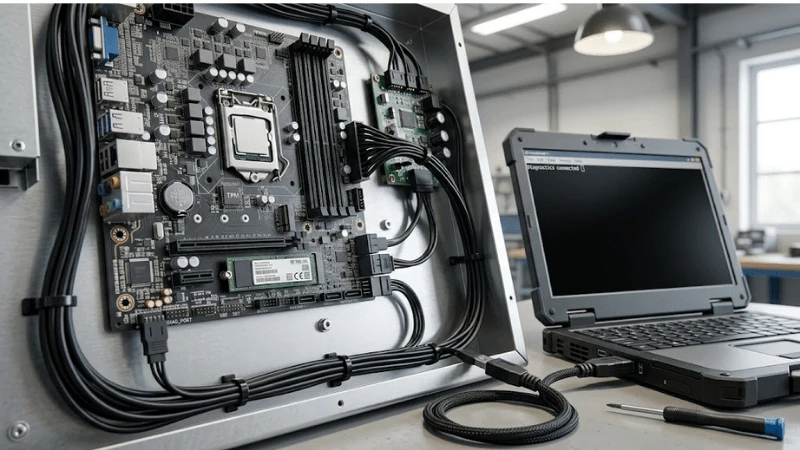 Close-up of a kiosk embedded motherboard and TPM area with service laptop connected, realistic cables and storage module visible Close-up of a kiosk embedded motherboard and TPM area with service laptop connected, realistic cables and storage module visible