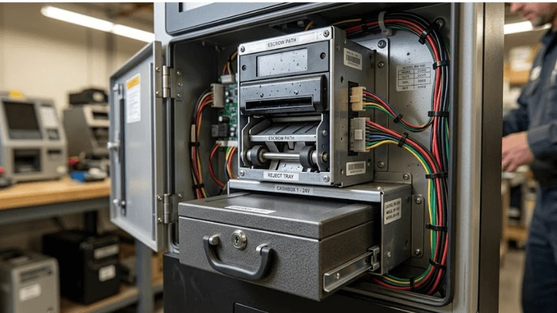 Close-up of bill validator escrow/reject mechanism and removable cashbox inside a kiosk with realistic wiring and service clearances Close-up of bill validator escrow/reject mechanism and removable cashbox inside a kiosk with realistic wiring and service clearances