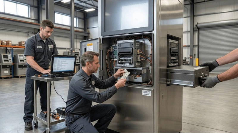 Field acceptance test where technicians feed notes and coins, simulate a cashbox removal and record validator events on a rugged laptop Field acceptance test where technicians feed notes and coins, simulate a cashbox removal and record validator events on a rugged laptop