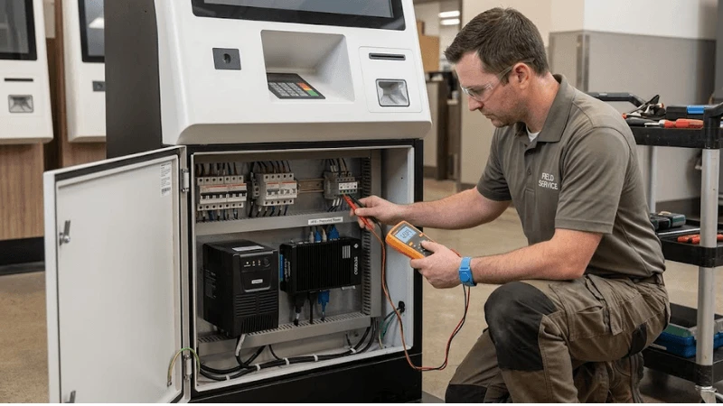 Self-service kiosk electrical service bay with a compact UPS, embedded PC and peripherals while an engineer checks protected circuits Self-service kiosk electrical service bay with a compact UPS, embedded PC and peripherals while an engineer checks protected circuits