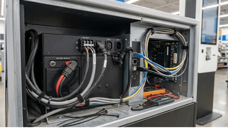 Close-up of kiosk UPS power and communication connections with realistic AC wiring, battery module and host USB/network interface Close-up of kiosk UPS power and communication connections with realistic AC wiring, battery module and host USB/network interface
