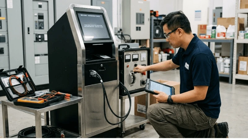 Power-failure acceptance test on a production kiosk while a technician disconnects utility through a test fixture and logs on-battery, shutdown and restart events Power-failure acceptance test on a production kiosk while a technician disconnects utility through a test fixture and logs on-battery, shutdown and restart events