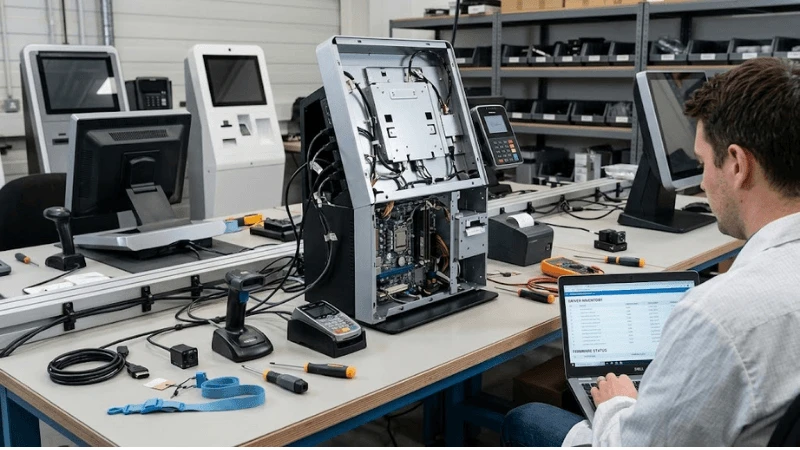 Enterprise kiosk lab with several production peripherals connected to an open kiosk while an engineer reviews driver and firmware inventory on a laptop