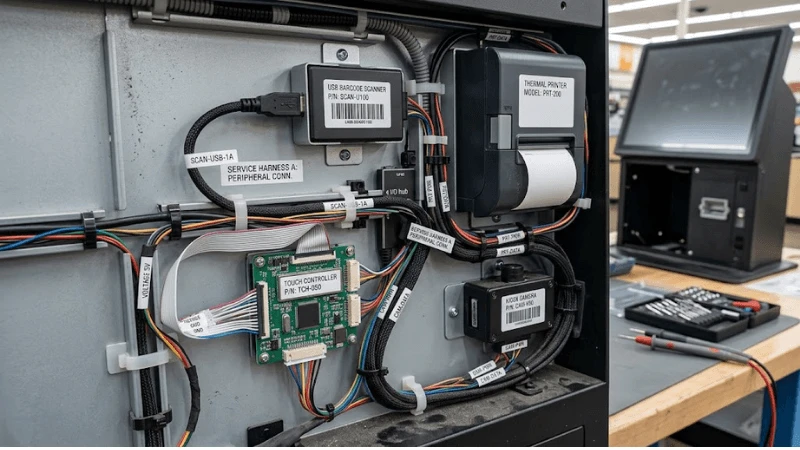 Close-up of USB scanner, receipt printer, touch controller and camera connections inside a kiosk with realistic labels and service harnesses Close-up of USB scanner, receipt printer, touch controller and camera connections inside a kiosk with realistic labels and service harnesses