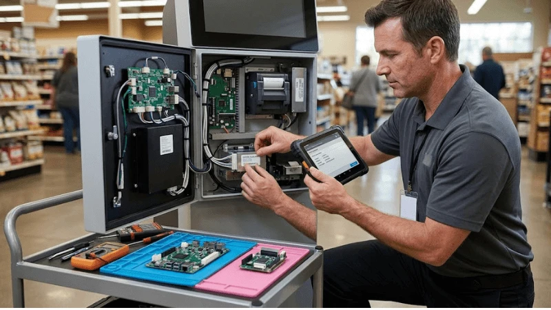 Close-up of serialized kiosk FRUs such as embedded PC, power module, printer and touch controller arranged with realistic part labels and connectors Close-up of serialized kiosk FRUs such as embedded PC, power module, printer and touch controller arranged with realistic part labels and connectors