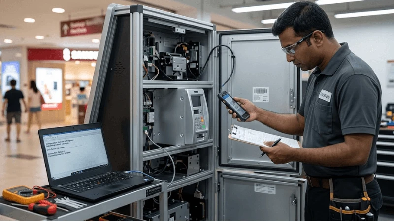 Service acceptance workflow where a replaced module is installed, its serial is recorded and configuration is restored from a laptop before the kiosk is closed