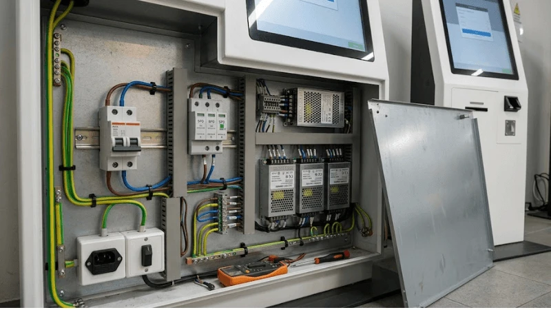 Professional kiosk electrical assembly with open lower service bay showing mains inlet, breaker, surge protection, protective earth and power supplies arranged cleanly Professional kiosk electrical assembly with open lower service bay showing mains inlet, breaker, surge protection, protective earth and power supplies arranged cleanly