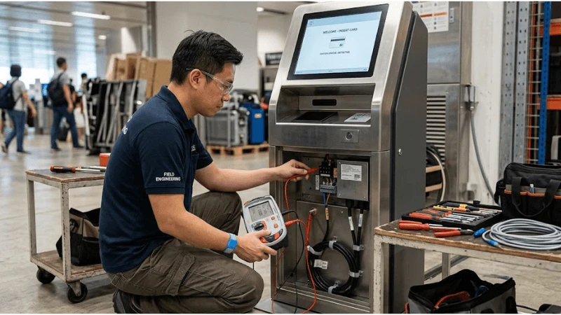 Electrical acceptance test on a kiosk where an engineer verifies isolation, startup and protective bonding using professional test instruments Electrical acceptance test on a kiosk where an engineer verifies isolation, startup and protective bonding using professional test instruments