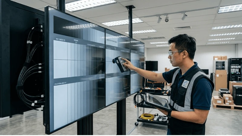 Commercial retail display installed under realistic ceiling lights with an engineer comparing reflection behavior on a production screen