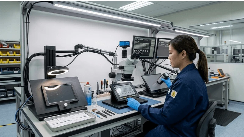 Optical QA workstation where three production glass/display samples are inspected under controlled bright lights with text, dark fields and cleaning materials Optical QA workstation where three production glass/display samples are inspected under controlled bright lights with text, dark fields and cleaning materials