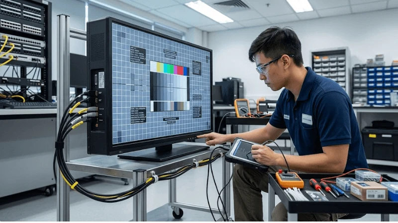 Commercial LCD digital signage screen showing fine retail text and grid content while an AV engineer checks source and display signal settings Commercial LCD digital signage screen showing fine retail text and grid content while an AV engineer checks source and display signal settings