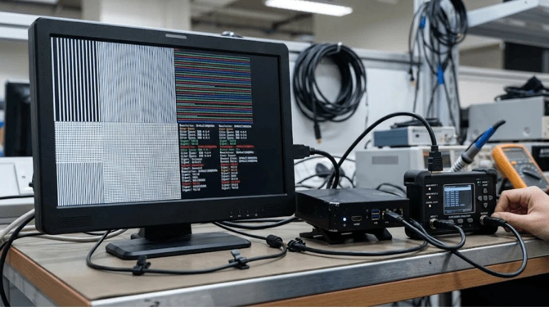 Close-up of a commercial LCD showing crisp one-pixel lines and colored text beside a media player and HDMI signal analyzer Close-up of a commercial LCD showing crisp one-pixel lines and colored text beside a media player and HDMI signal analyzer