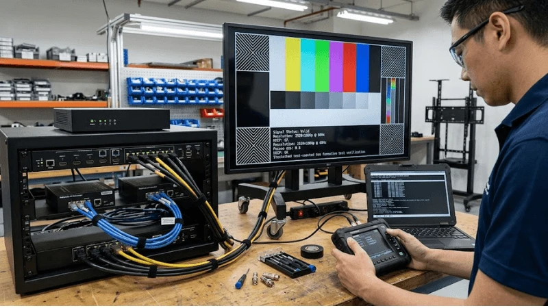 AV commissioning bench with media player, switcher, extender and commercial display running text/chroma test patterns while signal format is verified AV commissioning bench with media player, switcher, extender and commercial display running text/chroma test patterns while signal format is verified