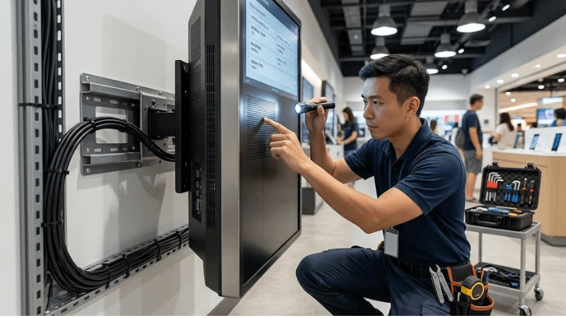 Portrait commercial LCD installed in a real retail environment while an AV technician checks mounting clearance and ventilation