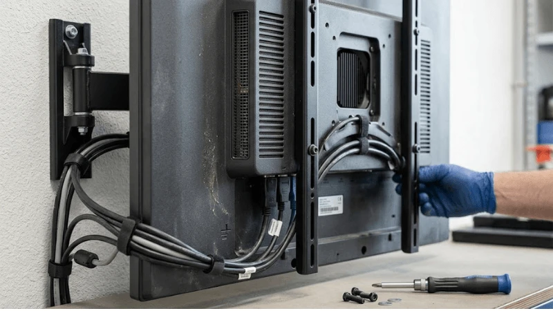 Rear close-up of a portrait commercial display showing VESA bracket, vents, cable routing and realistic service clearance