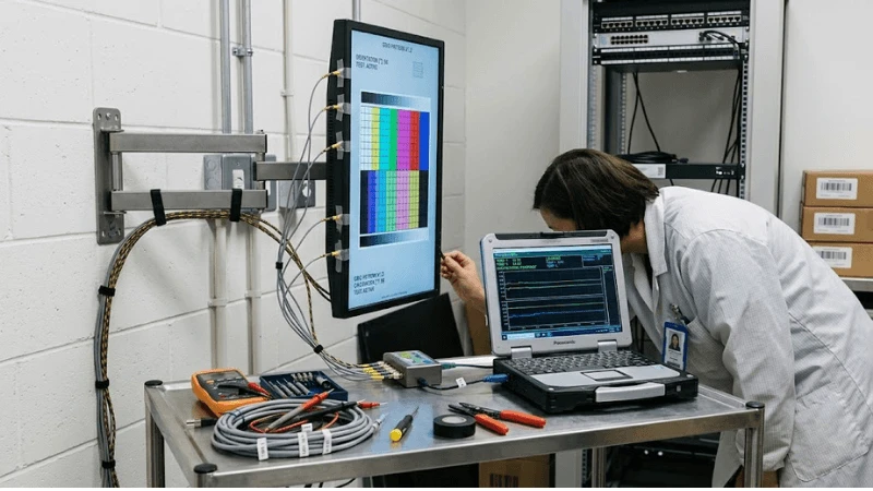 Commissioning scene with a portrait LCD running content while thermal probes and a laptop record operating temperature and orientation settings