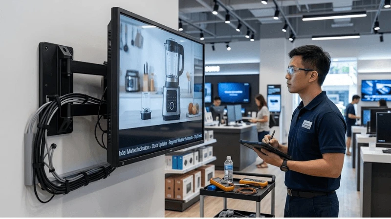 Commercial retail LCD showing a moving ticker and product video while an AV engineer observes motion quality from realistic viewing distance