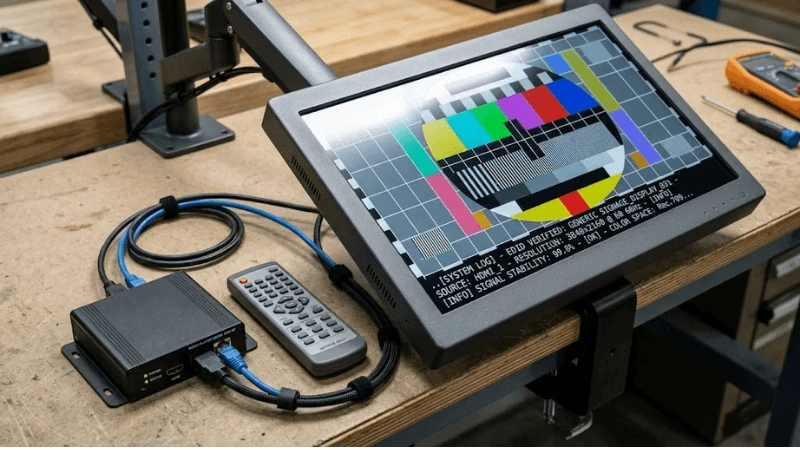 Close-up of a commercial LCD with moving test pattern and scrolling fine text beside a media player and service remote Close-up of a commercial LCD with moving test pattern and scrolling fine text beside a media player and service remote