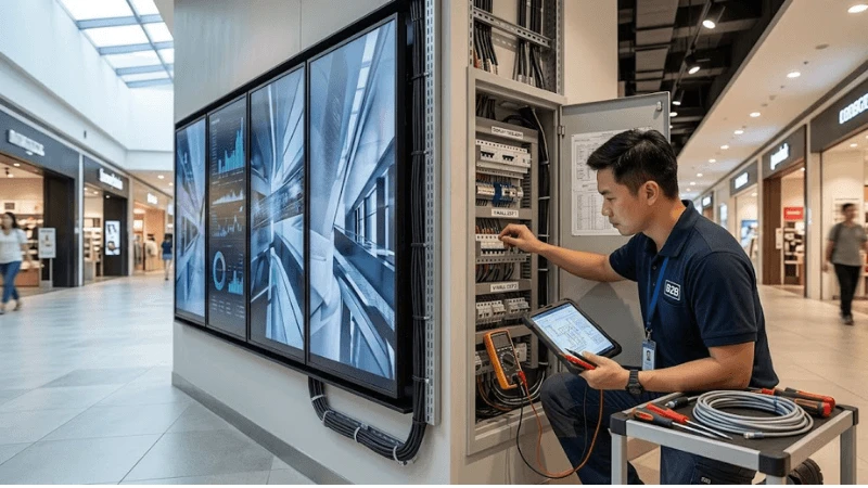 Commercial multi-screen signage installation with an electrical engineer reviewing panelboard and display circuits in a real retail site Commercial multi-screen signage installation with an electrical engineer reviewing panelboard and display circuits in a real retail site