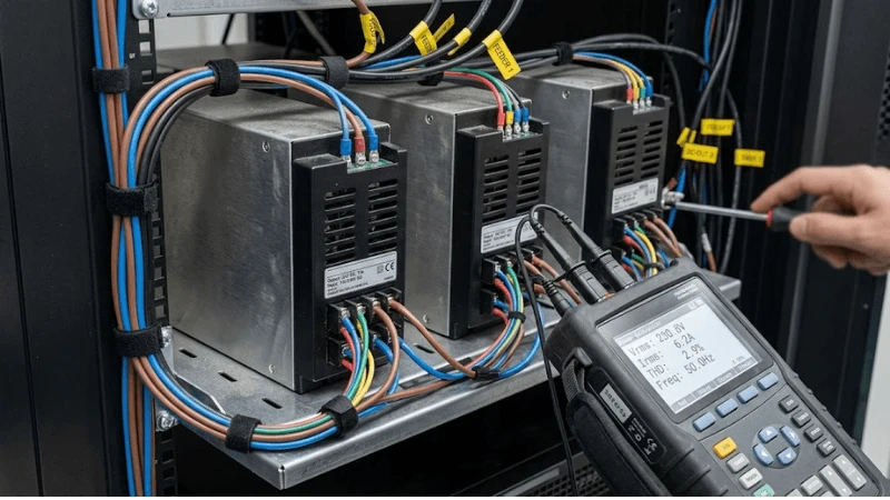 Close-up of commercial display power supplies and branch wiring in a professional AV rack with power-quality analyzer connected Close-up of commercial display power supplies and branch wiring in a professional AV rack with power-quality analyzer connected