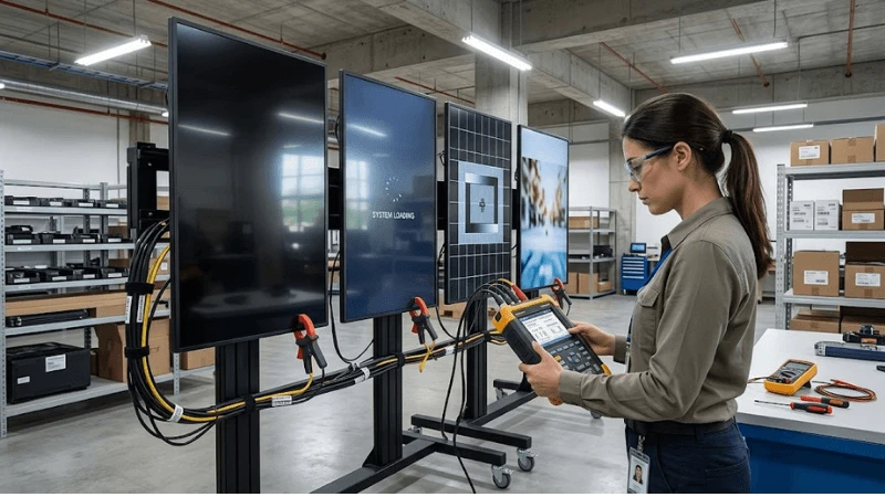 Commissioning test of several commercial LCDs during sequenced startup while current and power quality are measured on professional instruments Commissioning test of several commercial LCDs during sequenced startup while current and power quality are measured on professional instruments