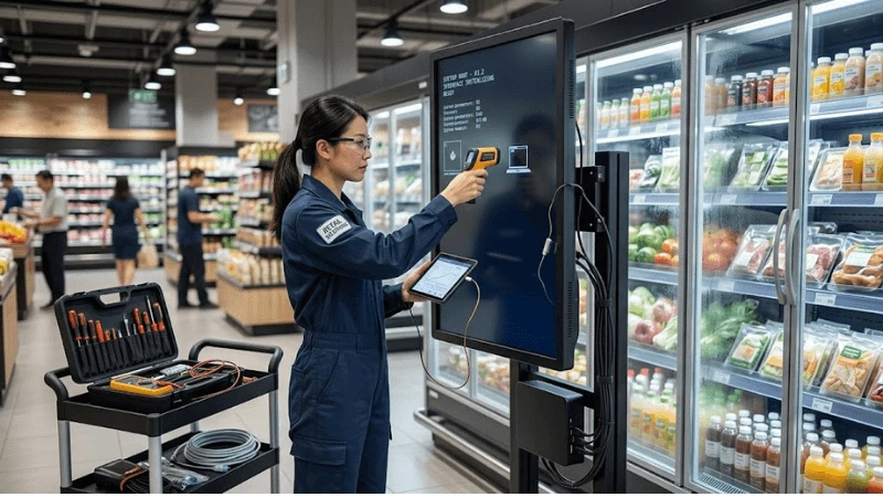 Commercial LCD installed near a refrigerated retail area while an engineer checks startup behavior with temperature instruments Commercial LCD installed near a refrigerated retail area while an engineer checks startup behavior with temperature instruments